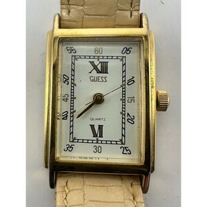 Guess 1988 Ladies Tank Watch New Battery Gold Tone 19MM 6.75" Leather Band B81